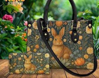 Vintage Floral Rabbit Leather Handbag, Cottagecore Bunny Purse, Boho Cottagecore Leather Handbag, Rabbit Purses, Rabbit Lovers, Gift for Her