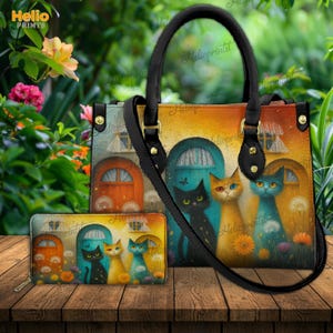 Colorful Cats Art Tote Bag: PU Leather Handbag, Whimsical Design
