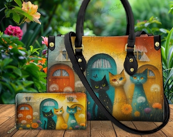 Three Colorful Cats Art Handbag, PU Leather Tote Bag with Whimsical Cats & Flowers, Gift for Cat Lovers, Cat Custom Purse, Gift For Her