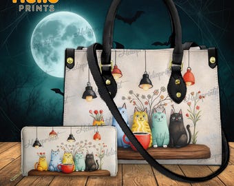Cats Art Handbag, Cute Cat PU Leather Tote Bag, Gift for Cat Lovers, Cat Custom Purse, Gift For Her