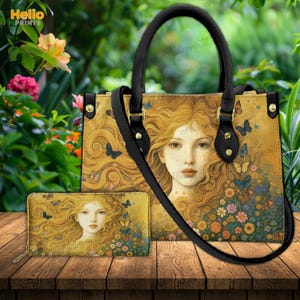 Golden Dream Kunst Handtasche und Geldbörse Set | Klimt inspirierte Blumentasche | Elegante künstlerische Einkaufstasche