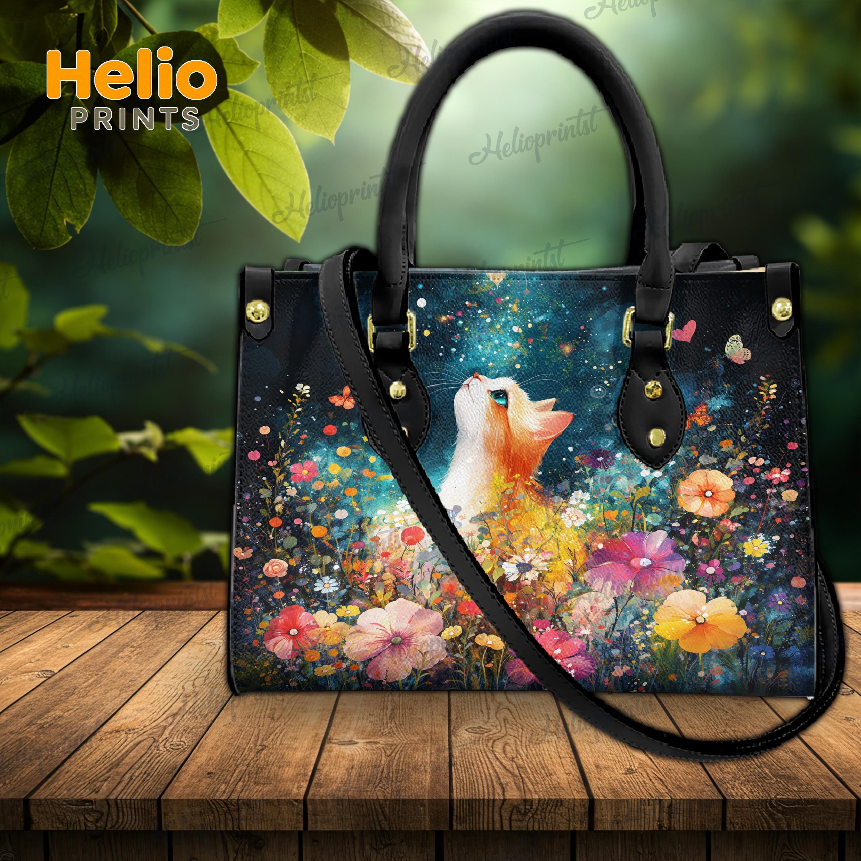 Discover Cat Floral Leather Handbag, Dreamy Night Cat Purse, Custom Leather Bag for Women, Gift for Cat Lovers