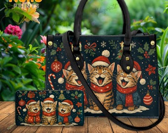 Christmas Cats Leather Handbag, Christmas Gift for Cat Lovers, Christmas Gift