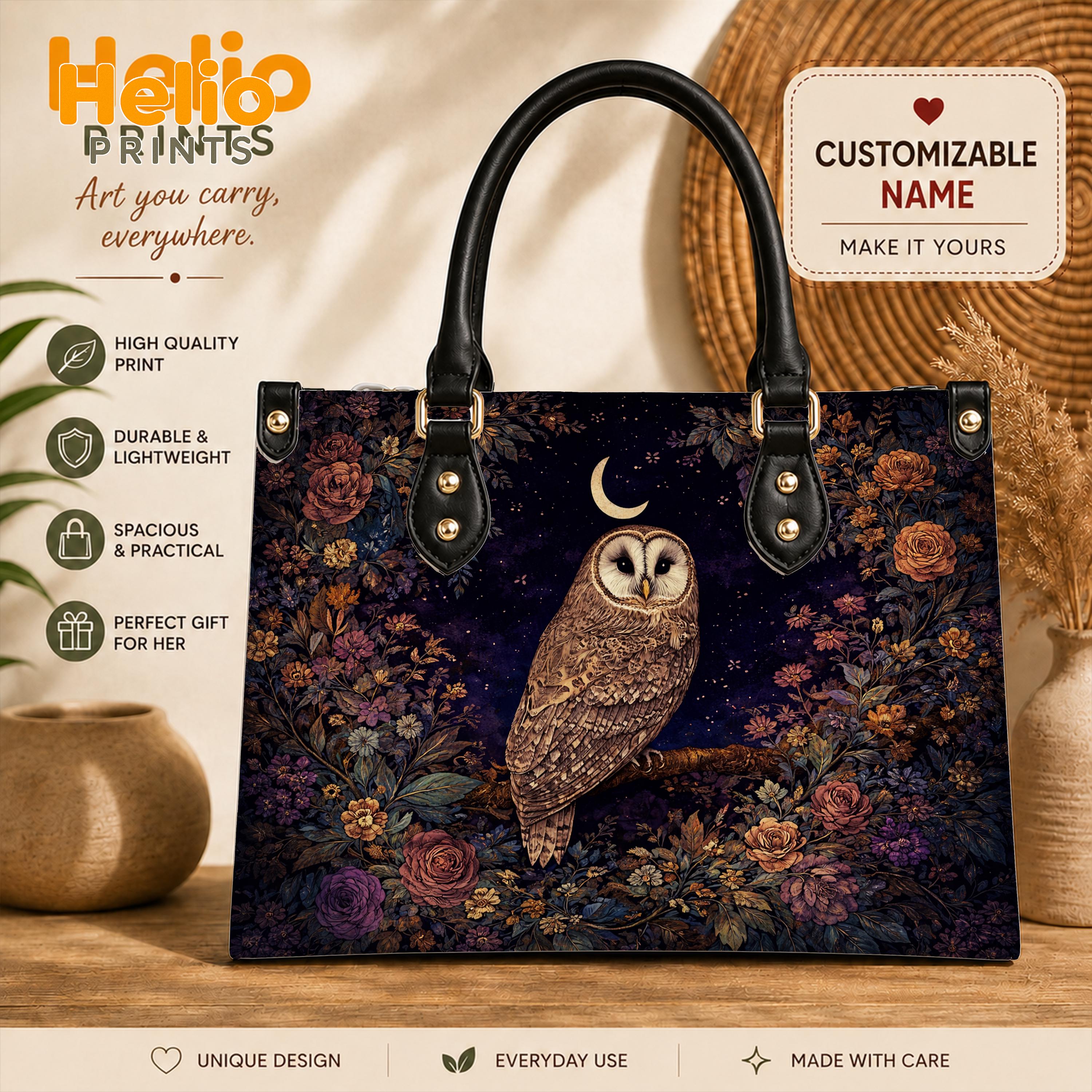 Owl Moon Tote Bag, Witchy Forest Handbag, Dark Floral Night Owl Purse, Mystical Cottagecore Bag, Vin