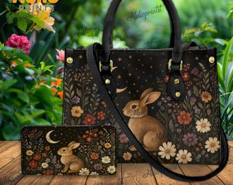 Bolso de piel con diseño floral de conejo, bolso de piel estilo cottagecore, bolso de piel estilo bohemio cottagecore, bolsos de piel con diseño de conejo, amantes de los conejos