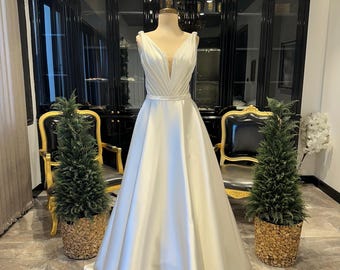 Elegant Draped Satin A-Line Wedding Dress: Crystal Back Detail