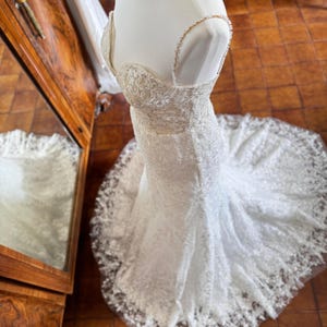 Lace Wedding Dress,Mermaid Wedding Dress,Long Train Wedding Dress,Elegant Wedding Dress,Low-cut Wedding, Dress,Strap Wedding Dress,Bridal