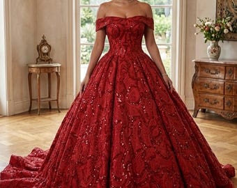 Robe de bal rouge scintillante, robe de fiançailles en dentelle à épaules dénudées, robe de gala