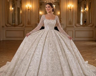 Romantisches Luxushandgefertigtes Spitze-Ballkleid-Hochzeitskleid, lange Ärmel Prinzessinen-Brautkleid