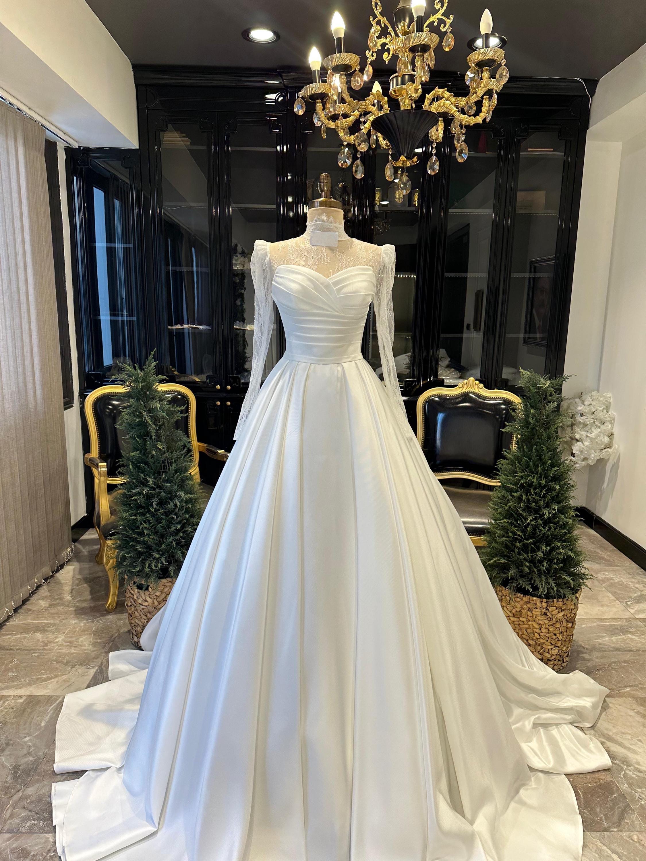 satin a line wedding dress uk cheap A-line Satin Wedding Dress Off-the-Shoulder Court Train with Lace Pleated S3161W - Wedding Dresses