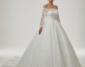 Handmade Lace Wedding Dress: A-Line Boat Neck Long Sleeve Bridal Gown
