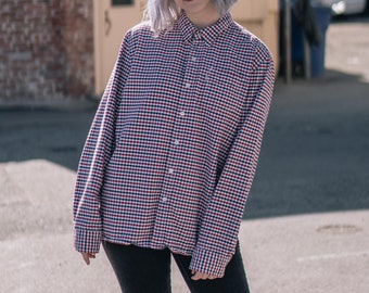 90's vintage Levi's red, white & black plaid button up flannel collared blouse top shirt, large