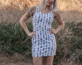 90 39 s vintage white blue floral denim pattern mini shift tank dress, small medium, 4 6, 7