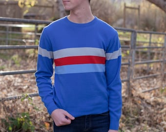 vintage 80's blue, grey, & red color block striped crewneck sweater, men's / unisex