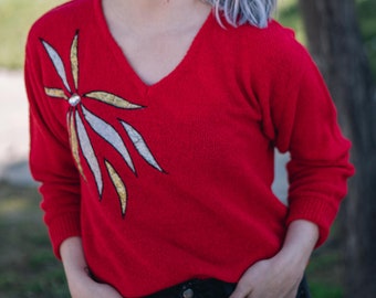 80’s vintage red pullover knit sweater top, v-neck long sleeve, floral, Christmas holiday pattern