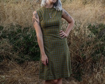 vintage 60's handmade muted green, yellow & white plaid sleeveless knee length dress, medium