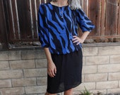 80 39 s vintage blue black zebra patterned 3 4 sleeve loose blouse knee length dress, medium