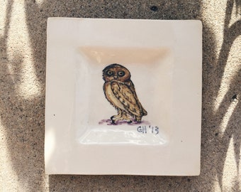 hand-painted handmade ceramic owl dish, ashtray, jewelry holder, small, 2013