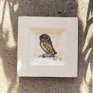 hand-painted handmade ceramic owl dish, ashtray, jewelry holder, small, 2013