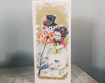 vintage 60's / 70's Christmas card - repurposed & unused, snowman design with embossing / texture, 8x3.5