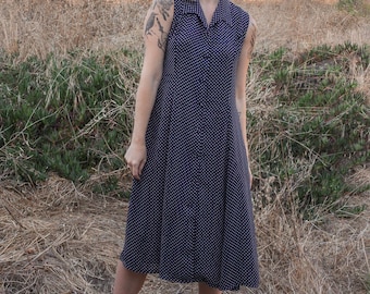 70s vintage navy blue and white polka dot button down sleeveless dress with collar, large