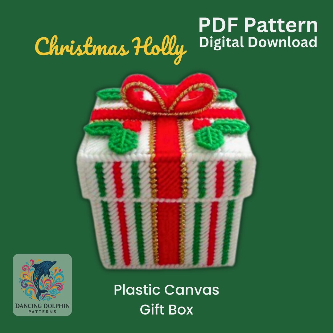 Plastic Canvas Christmas Gift Box Pattern PDF – Holly Bow Present Box ...