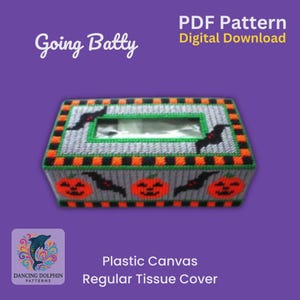 Plastic Canvas Halloween Tissue Box Cover Pattern PDF – Going Batty Design – Spooky DIY Décor – Digital Download for 7-Count Canvas