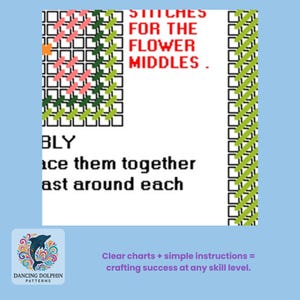 Puede incluir: Un diagrama de punto de cruz con instrucciones para hacer centros de flores. El diagrama muestra un dise&ntilde;o de flor verde y rosa con un cuadro de texto que dice "STITCHES FOR THE FLOWER MIDDLES." El cuadro de texto tambi&eacute;n dice "BLY ice them together ast around each".