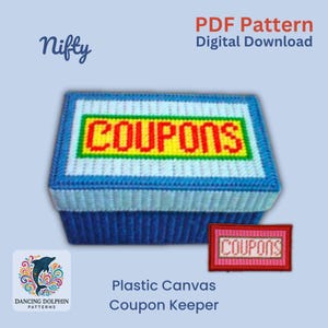 May include: A blue plastic canvas box with the word "COUPONS" in red letters on the top. The box is a pattern for a coupon keeper.