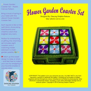 Puede incluir: Un patr&oacute;n de lona de pl&aacute;stico para un juego de posavasos de jard&iacute;n de flores. El patr&oacute;n presenta ocho posavasos cuadrados con una variedad de dise&ntilde;os de flores coloridas. Los posavasos est&aacute;n dispuestos en un soporte cuadrado. El patr&oacute;n est&aacute; dise&ntilde;ado por Dancing Dolphin Patterns y est&aacute; disponible en http://plastic-canvas.com.