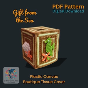 Gift from the Sea Tissue Box Cover – Plastic Canvas Boutique PDF Pattern – Seahorse & Seashell Coastal Decor – Ocean Theme DIY