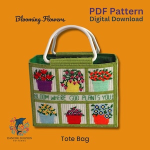 咲き誇る花のトートバッグ プラスチック キャンバス パターン – PDF ダウンロード – 春の花のバッグ クロスステッチ スタイル – DIY 糸工芸プロジェクト