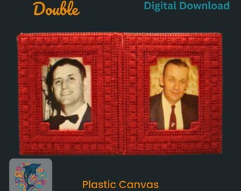 May include: A red plastic canvas picture frame with two openings for photos. The frame is decorated with a diamond pattern. The text "Double" is in the top left corner and "PDF Pattern Digital Download" is in the top right corner. The text "Plastic Canvas Picture Frame" is in the bottom centre of the image.