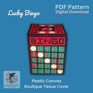 May include: A red, black, and green plastic canvas tissue box cover with the word "BINGO" displayed. The text "Lucky Bingo" and "PDF Pattern Digital Download" are also visible. The tissue box cover is a boutique design.