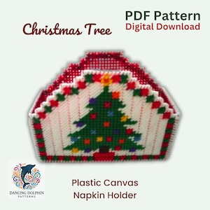 May include: A plastic canvas napkin holder featuring a Christmas tree design. The tree is green with red, yellow and blue baubles. The holder is white with red and green trim. The text "PDF Pattern Digital Download" and "Plastic Canvas Napkin Holder" is visible in the image.