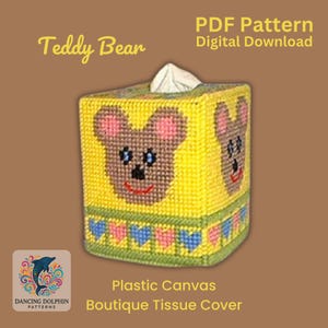 Plastic Canvas Teddy Bear Tissue Box Cover Pattern PDF – Cute Boutique-Size Yarn Craft for Nursery or Gift – Digital Download