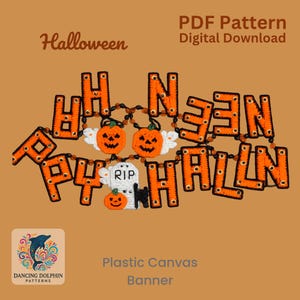 Pode incluir: Uma faixa de Halloween em tela plástica com letras laranja e costuras pretas que formam Happy Halloween. O design inclui duas pequenas abóboras laranja com asas brancas, uma lápide branca com o texto RIP e um pequeno gato preto.