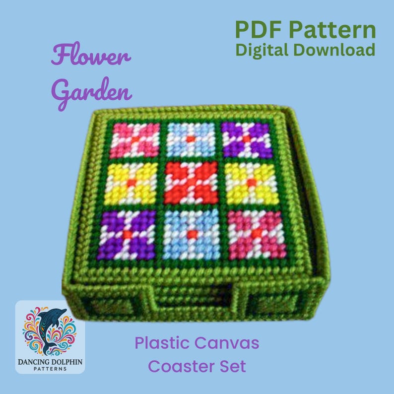 Puede incluir: Patr&oacute;n PDF para un juego de cuatro posavasos de lona pl&aacute;stica con un dise&ntilde;o de jard&iacute;n de flores. Los posavasos son verdes con un patr&oacute;n de flores multicolores. El patr&oacute;n est&aacute; disponible para descarga digital.  "Flower Garden Plastic Canvas Coaster Set" y "PDF Pattern Digital Download" est&aacute;n escritos en la imagen.