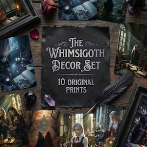 Op de afbeelding: Een verzameling kunstprints en ingelijste kunstwerken met een gotisch thema, waaronder kaarsen, kristallen en rozen. De set heet "The Whimsigoth Decor Set" en bevat 10 originele prints. De kunstwerken tonen donkere, mystieke beelden.