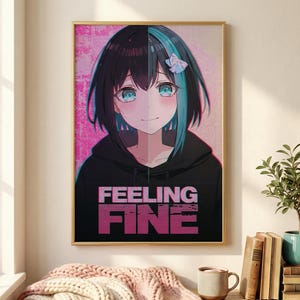 Plakat z motywem glitchcore'a "Feeling Fine": Vaporwave Anime Girl Wall Art do pokoju nastolatka