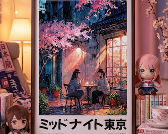 Lofi Anime Sakura Café Poster – Japanese Cherry Blossom Street Scene