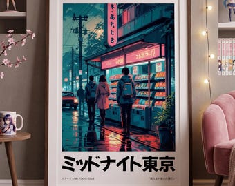 Póster de una escena callejera en Tokio: Anime Vaporwave con reflejos de neón, arte urbano nocturno japonés