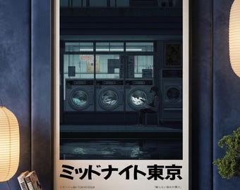 Póster de lavandería de neón por la noche: arte mural de anime japonés, impresión de vida urbana