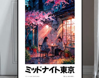 Póster de Sakura Café, un anime lo-fi: escena callejera con flores de cerezo japonesas