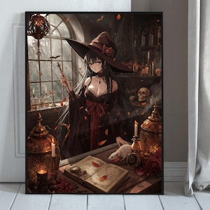Halloween Witch Anime Poster – Gothic Dark Academia Wall Art, Autumn Witchcore Decor