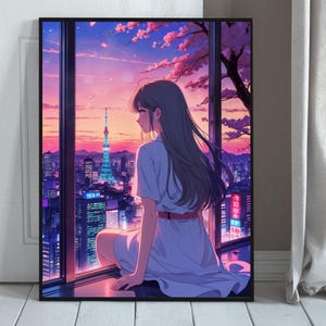 Tokyo City Pop Poster – Vaporwave Anime Girl, Sakura Neon Japanese Urban Wall Art