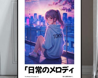 Póster pop urbano de chica anime acogedora: arte mural con atardecer en flor de cerezo y horizonte de Tokio