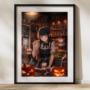 Halloween Wall Art Witch Barista Anime – Gothic Café Art, Demon Girl Wall Print, Witchcore Poster, Digital Download