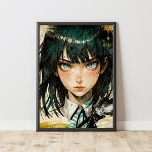 Ocean Eyes Anime Girl Poster - Blue Hair Schoolgirl Art | Aoi Mizukami Watercolor Digital Download | Modern Bedroom Decor