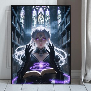 Gothic Witch Library Poster – Dark Fantasy Anime Sorceress, Witchcore Magical Book Wall Art